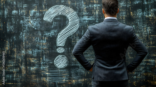 Man facing a question mark drawn on a textured dark wall