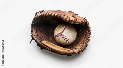 A minimalist presentation of a baseball mitt holding a ball, perfectly centered against a white seamless background