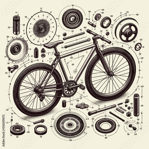 Detailed technical illustration of bicycle parts in vintage style with labeled components