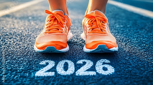 Runner's Shoes on Track with 2026, Close-up of a runner's shoes on a track with the year 2026 painted on it