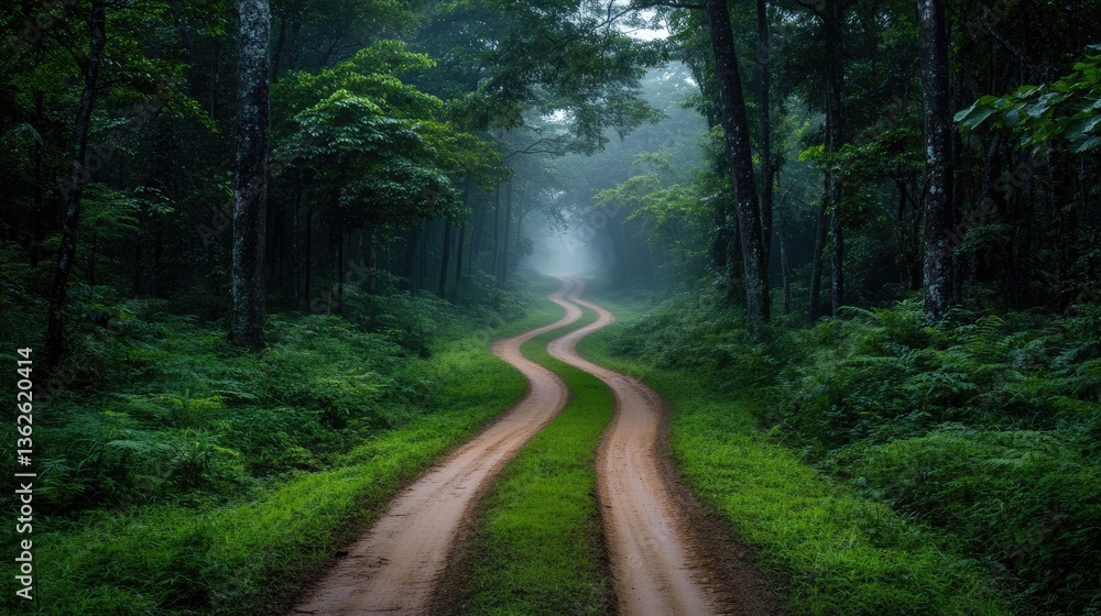Fototapeta premium A narrow dirt road cutting through a dense forest, lost in thick white fog