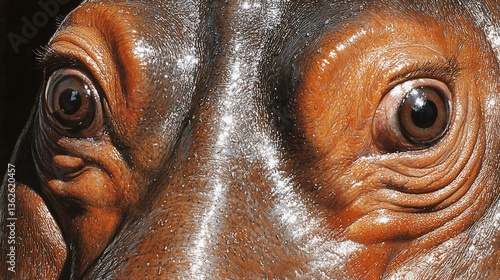 Close-up of a hippopotamus's eyes and face, showing wrinkled skin and dark eyes