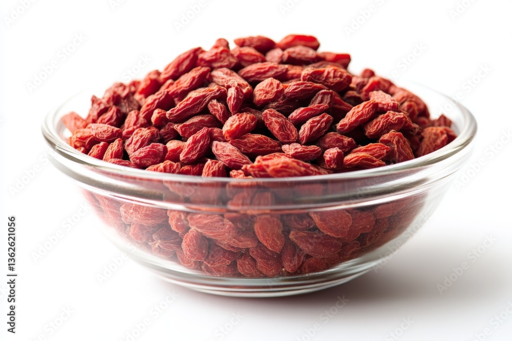Dried goji berries displayed in a glass bowl showcasing their vibrant red color and unique texture Dried goji berries displayed in a glass bowl showcasing their vibrant red color and unique texture