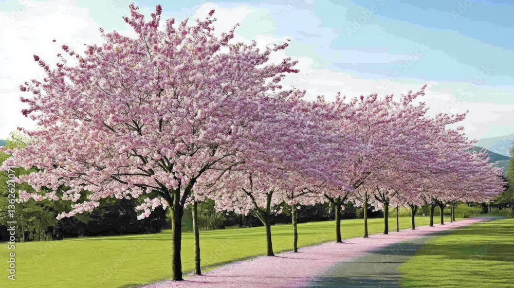 Spring blossoms line path in park. People stroll. Trees bloom Spring blossoms line path in park. People stroll. Trees bloom