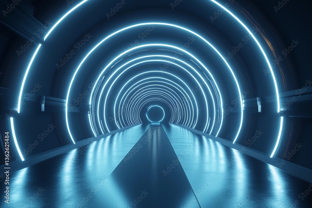 Naklejka premium Neon-lit Tunnel Transports Viewers Into a Realm of Modern Artistry and Design. Generative AI