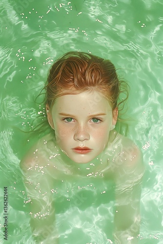 Artistic portrait of a red-haired girl with green eyes submerged in turquoise water, gazing intensely at the camera with soft lighting and dreamy underwater atmosphere