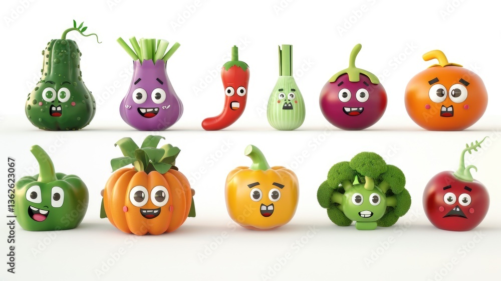 Set of colorful cartoon vegetables and fruits with expressive faces arranged on a white background, featuring playful emotions and a fun 3d design for healthy food or kids content themes