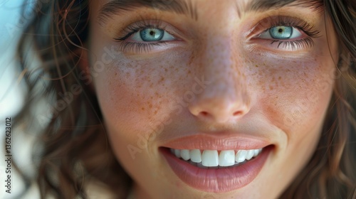 Close-up portrait of a smiling woman with blue eyes, freckles and natural makeup, captured in soft daylight with sharp skin detail and a relaxed outdoor summer vibe

