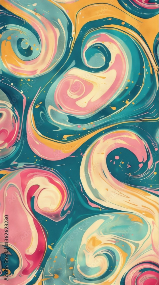 Bright abstract swirl pattern with colorful marbled textures in teal, pink, yellow and cream tones, creating a dynamic and fluid artistic composition with a modern, dreamy aesthetic