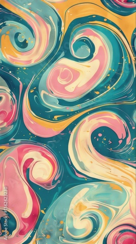 Obraz na płótnie Bright abstract swirl pattern with colorful marbled textures in teal, pink, yellow and cream tones, creating a dynamic and fluid artistic composition with a modern, dreamy aesthetic w salonie