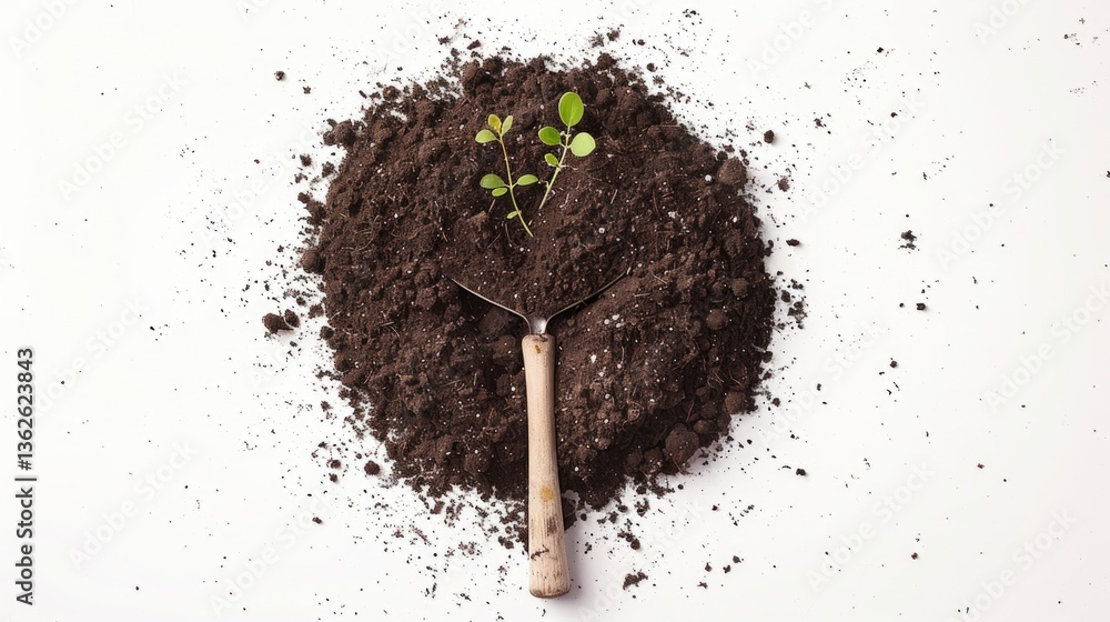 plant growing from dark soil with garden hand tool on white background, symbolizing new beginnings and sustainability