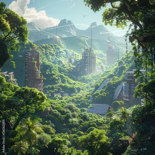 Futuristic eco-city nestled in lush green forested mountains with modern high-rise buildings, solar panels, and sustainable architecture

