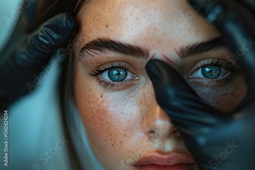 Extreme close-up of woman’s eye and freckled face being examined with black gloves during skincare procedure, showing natural skin texture, pores and detailed beauty in clinical or cosmetic context