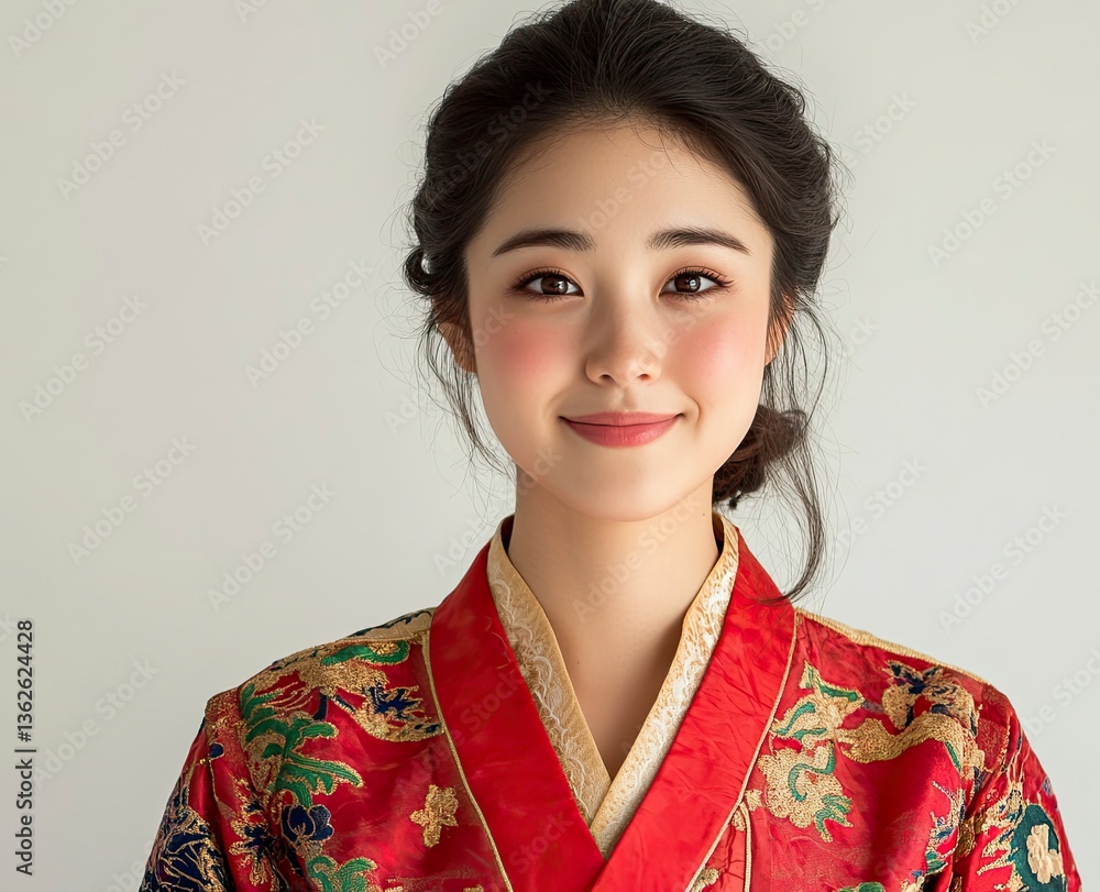 Woman in Traditional Dress Smiling Portrait on Light Background Woman in Traditional Dress Smiling Portrait on Light Background