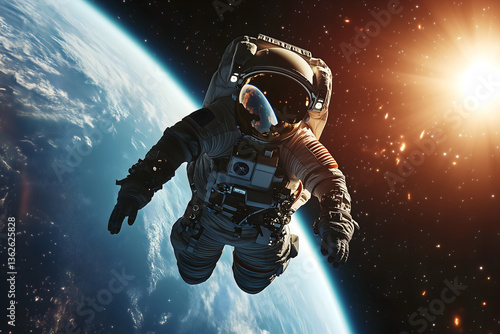 Man astronaut floats in open space against earth and shines sun, concept of dream trip for planet exploration, element for space travel presentation and wallpaper