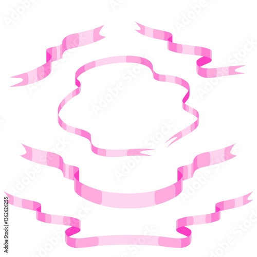 Curly pink ribbons set. Beautiful decorative elegant tape.