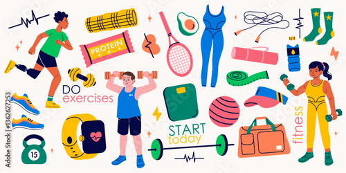 Collection of fitness gym inventory elements, people doing sports, sport equipment. Man with prosthesis. 