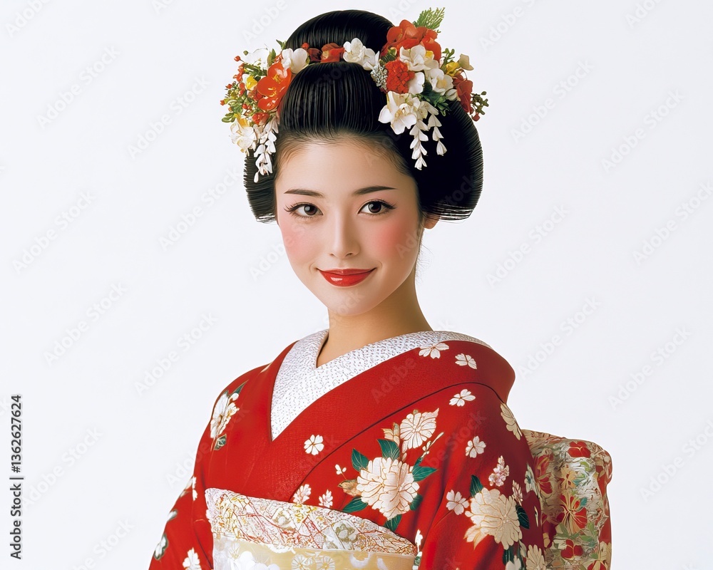 Geisha Woman in Traditional Attire Smiling with Floral Hairpiece and Red Kimono Geisha Woman in Traditional Attire Smiling with Floral Hairpiece and Red Kimono