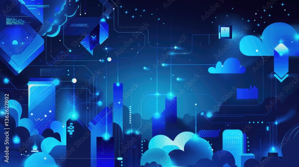 Futuristic cityscape illustration with glowing data lines, digital clouds, and geometric buildings in blue tones. Concept of smart city, cloud computing, and digital infrastructure