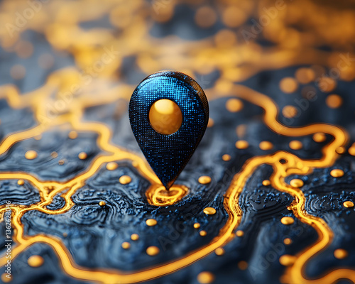 Location pin sits atop abstract map with bright lines, indicating a place or destination