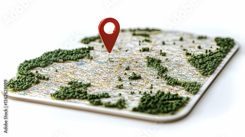 Location pinpointed on map with trees Navigation and destination concepts