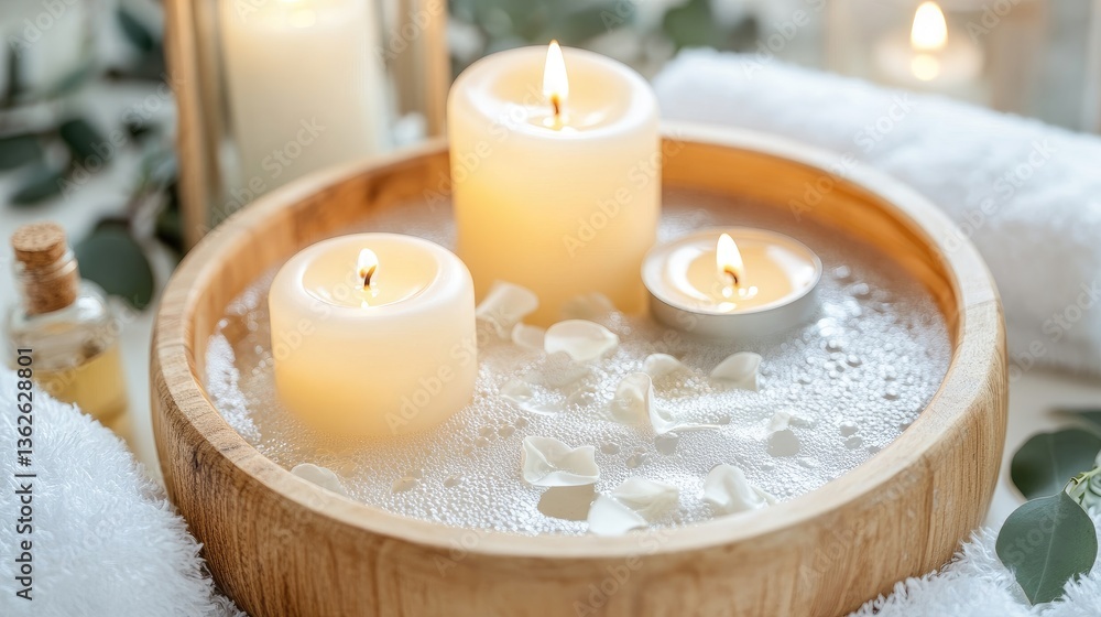 A warm foot spa setting with flickering candles, fresh eucalyptus, and essential oils in a serene ambiance A warm foot spa setting with flickering candles, fresh eucalyptus, and essential oils in a serene ambiance