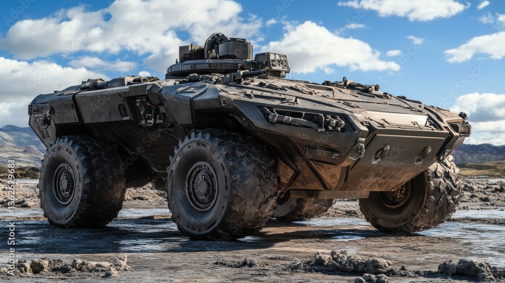 Armored vehicle driving muddy terrain, mountains background, military Armored vehicle driving muddy terrain, mountains background, military