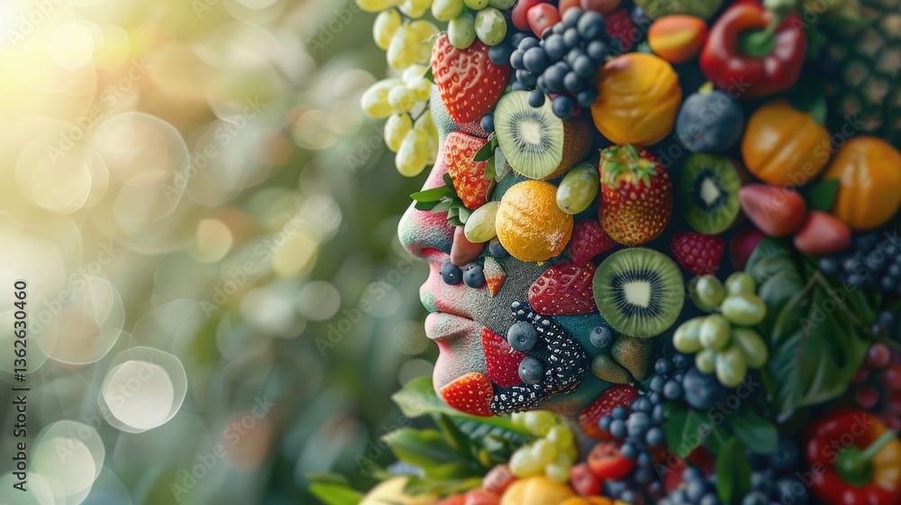 Profile of a human face composed entirely of fruits and vegetables in natural setting. Includes strawberries, kiwi, grapes, and leaves. Concept of health, creativity and nature