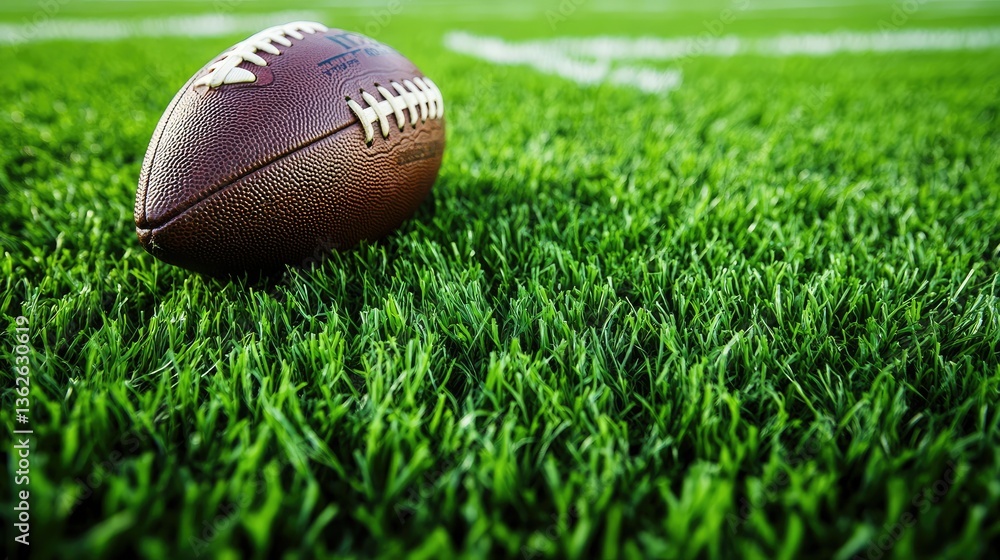 Obraz premium A close-up of an American football on turf, with crisp details popping against a black background.