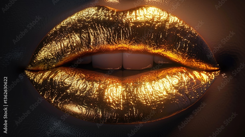 Close up of glossy golden lips with metallic texture, revealing part of white teeth. The lighting creates dramatic reflections and emphasizes cosmetic shine. Concept of luxury and glamour