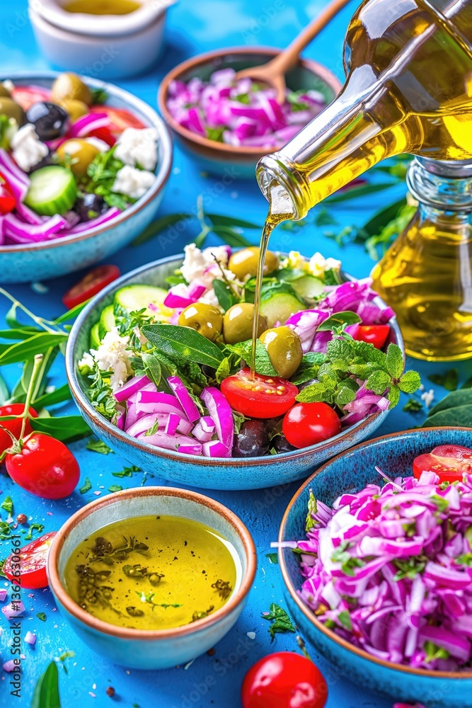 Fresh Greek salad with tomatoes, cucumbers, red onions, olives, and feta cheese in vibrant bowls, with olive oil being poured, on a bright blue background with herbs and ingredients scattered