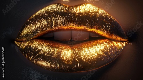 Close up of glossy golden lips with metallic texture, revealing part of white teeth. The lighting creates dramatic reflections and emphasizes cosmetic shine. Concept of luxury and glamour