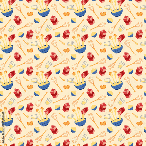 Seamless pattern with pancake ingredients. Hand drawn illustration for you projects.