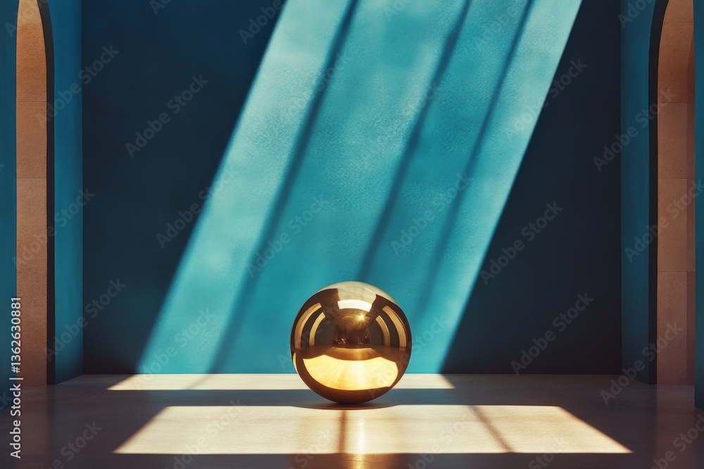Unique golden sphere against a vibrant blue wall with dramatic shadows in a modern interior space Unique golden sphere against a vibrant blue wall with dramatic shadows in a modern interior space