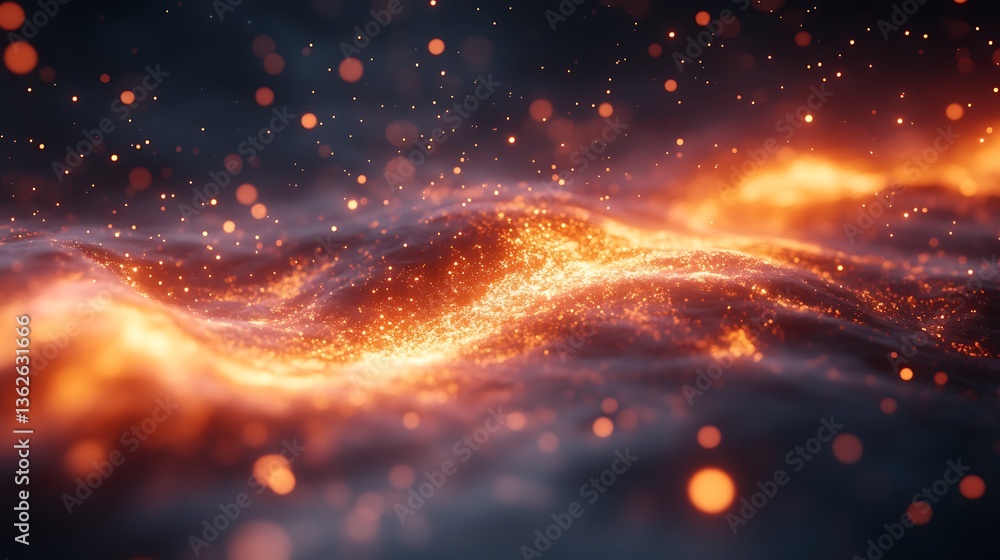 Obraz premium A glowing fiery particle field creates a wavy abstract landscape