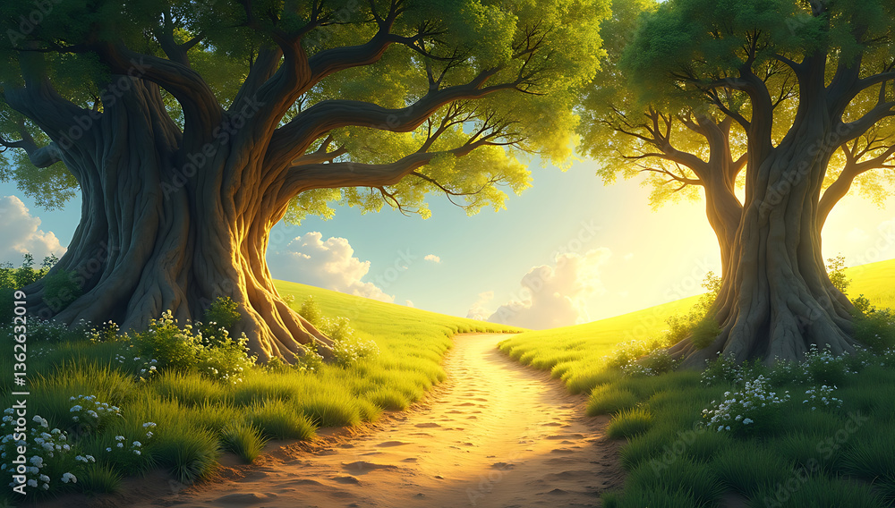 Fototapeta premium The Tree of Knowledge is reached by a golden route that winds across Eden