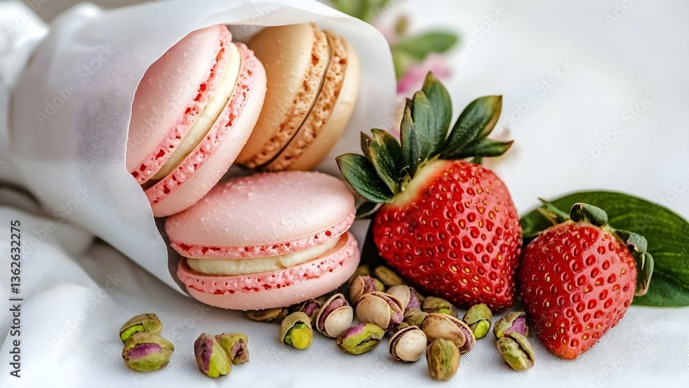 Three colorful macarons nestled in a cloth with pistachios and fresh strawberries scattered around them. Concept Macarons Display, Colorful Pastry, Rustic Presentation, Fresh Ingredients