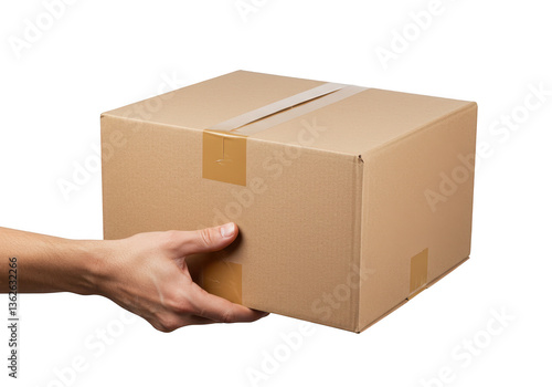 Wallpaper Mural A hand holding a medium-sized closed cardboard box with brown packing tape sealing the top isolated on transparent background Torontodigital.ca