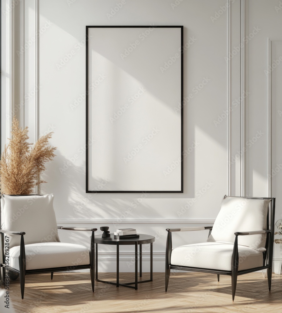 Mockup of a large blank poster in a minimalist interior with two armchairs and a small table. Mockup of a large blank poster in a minimalist interior with two armchairs and a small table.