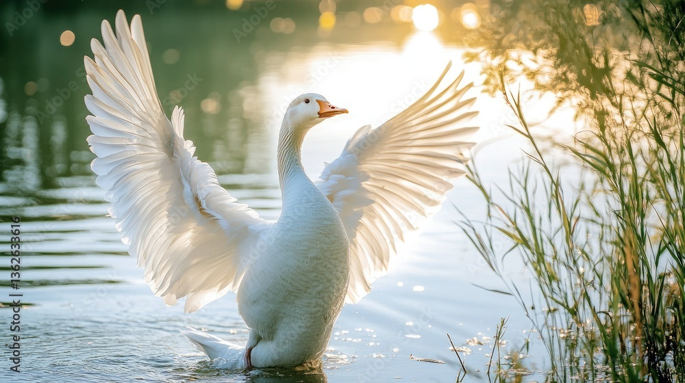 Obraz premium A close-up of a white goose flapping its wings on a lake shore, surrounded by tall grass and the soft reflection of the sky in the water