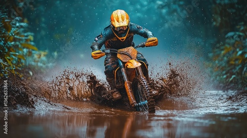 Fototapeta Naklejka Na Ścianę i Meble -  Off-road motorcycle rider navigating muddy track