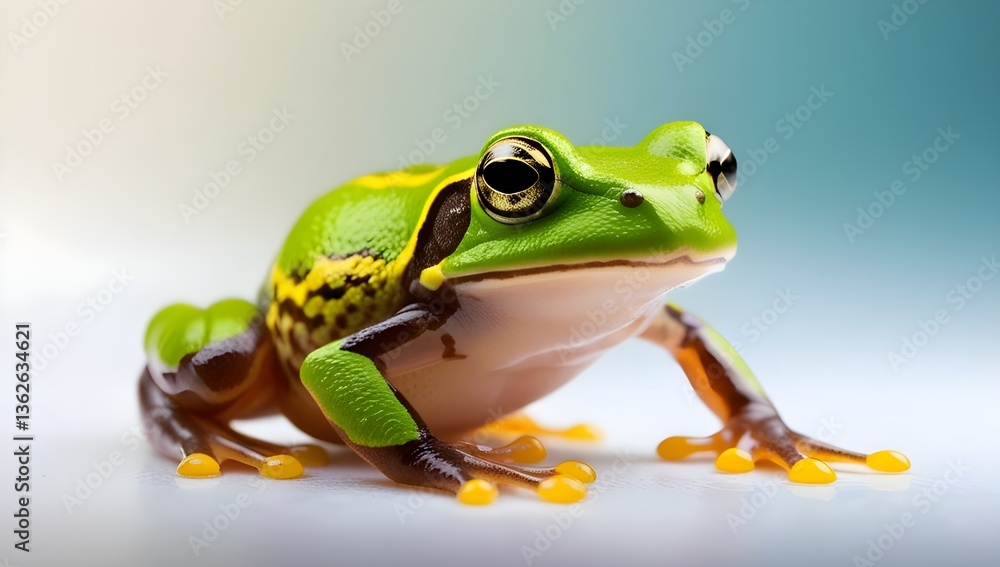 Obraz premium A vibrant green frog with strikingly detailed eyes and distinct markings sits against a soft, gradient background. 