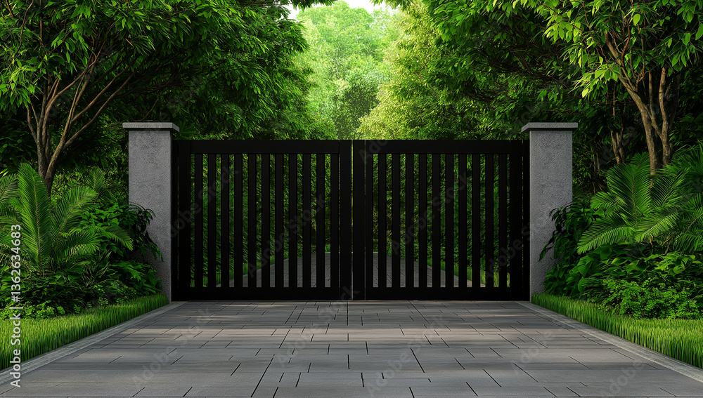 Obraz premium Modern wooden and stone gate surrounded by lush greenery, creating serene entrance. design features vertical slats and clean pathway leading into nature