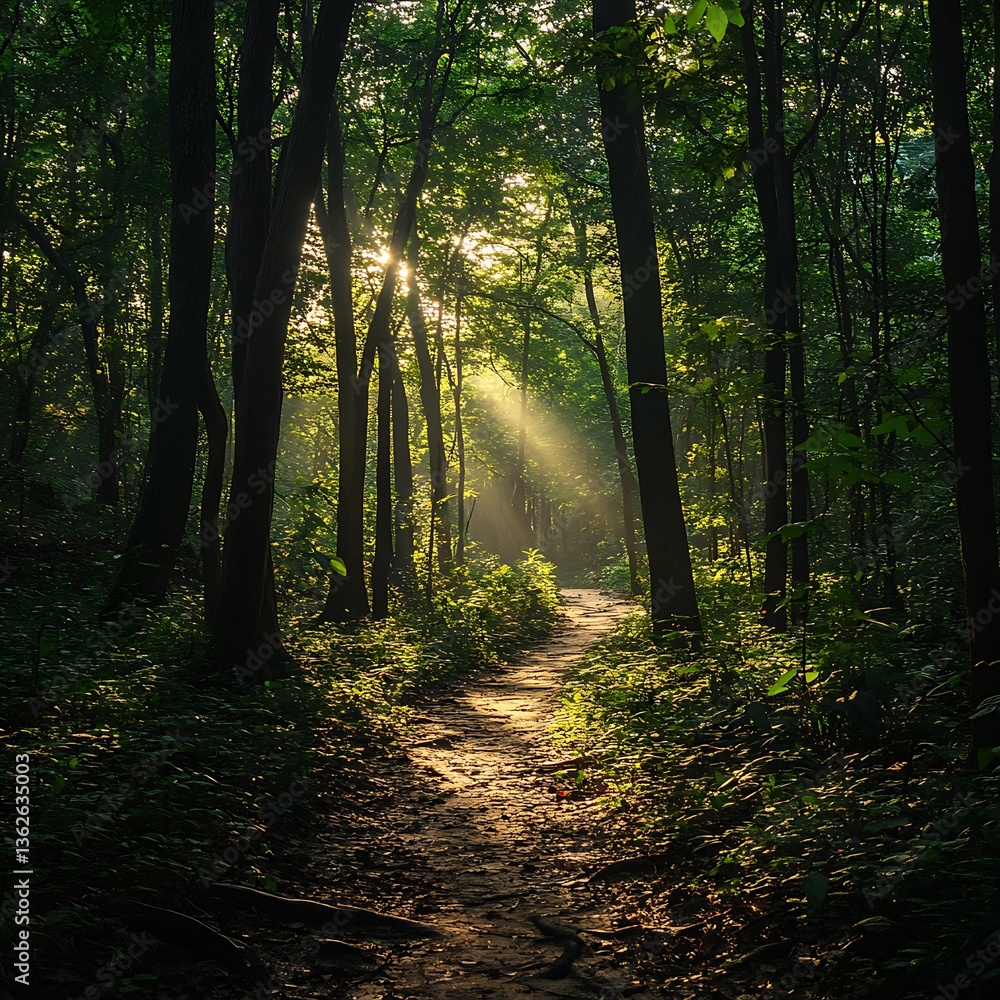 Obraz premium Serene Pathway Through Lush Green Forest with Dappled Sunlight