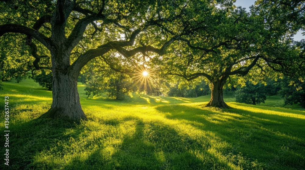 Naklejka premium A serene landscape featuring majestic trees illuminated by sunlight, casting shadows over lush green grass.
