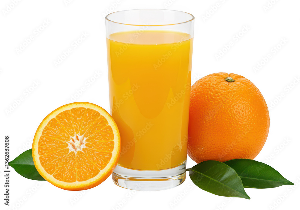 A glass of fresh orange juice placed between a whole orange and a halved orange isolated on transparent background A glass of fresh orange juice placed between a whole orange and a halved orange isolated on transparent background