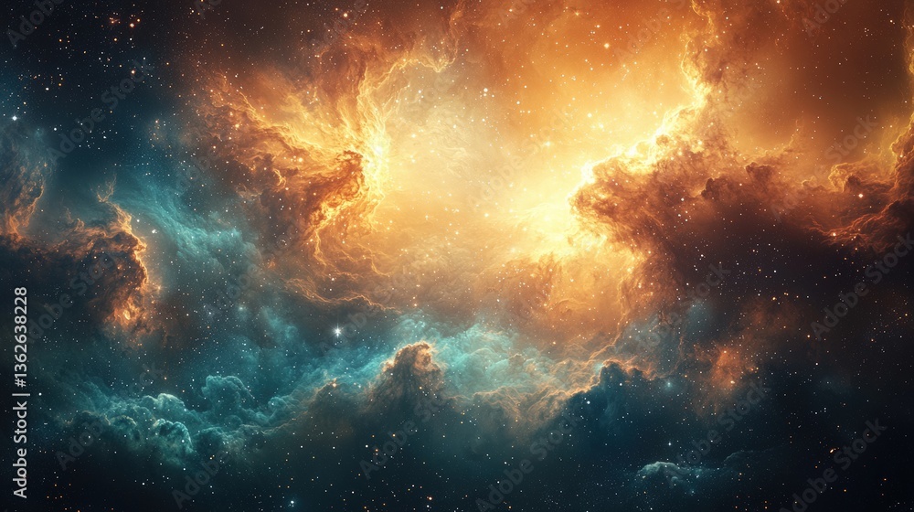 Fototapeta premium Dramatic Cosmic Clouds Illuminated by Fiery Orange and Cool Blue Light in a Stellar Sky