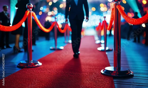 Rolling out the Red Carpet: A VIP strides confidently down a vibrant red carpet.  A glamorous event awaits. Roped barriers create a pathway for the esteemed guest.