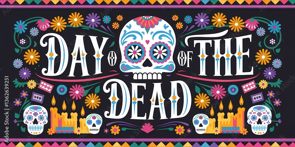 Festive Dia de los Muertos typography banner featuring an ornate sugar skull illustration surrounded by vibrant marigold flowers candles Mexican decorations, set against a dark contrasting background Festive Dia de los Muertos typography banner featuring an ornate sugar skull illustration surrounded by vibrant marigold flowers candles Mexican decorations, set against a dark contrasting background