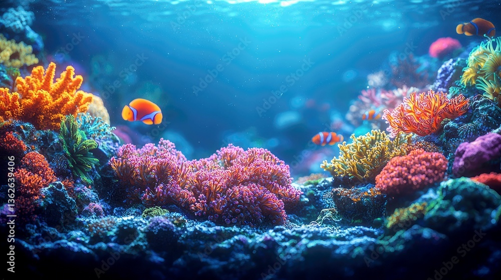 Naklejka premium Vibrant Coral Reef: Underwater Scene of Colorful Fish and Marine Life